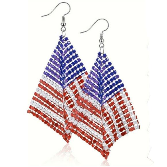 USA Patriotic Flag Sequin Drop Earrings - 4th July Statement Dangle - Picture 1 of 6